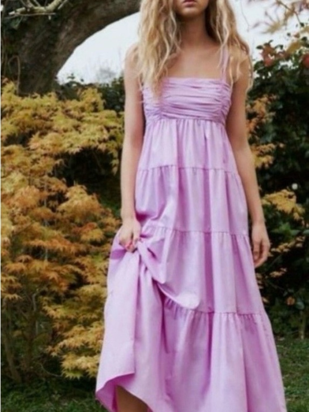 NWT Zara Maxi Dress Ruffles Pink Smocked Tiered Sundress Cotton Ruched Bust M